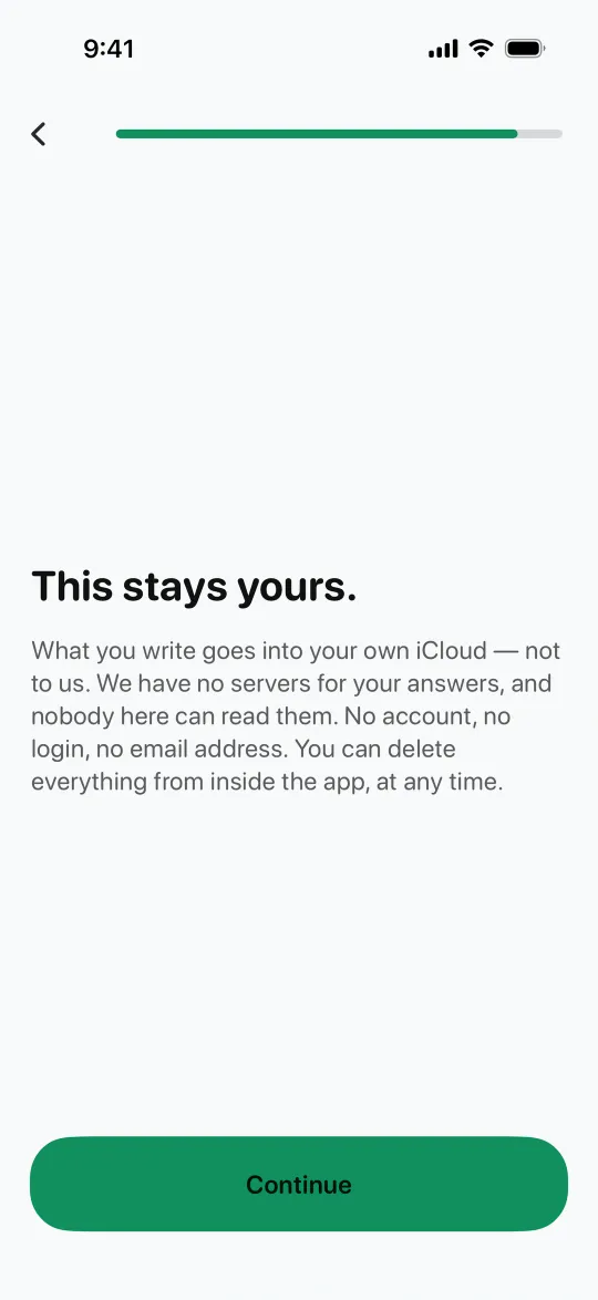 The privacy step in Honest Me: This stays yours. What you write goes into your own iCloud, not to us. We have no servers for your answers, and nobody here can read them. No account, no login, no email address. You can delete everything from inside the app, at any time.